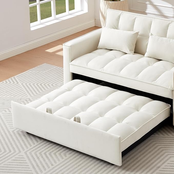 3 in 1 Convertible Sleeper Sofa Bed, Futon Couches for Living Room with Side Pocket | Adjustable Backrest| Velvet Fabric | Pull Out Couch | Love seat Sofa|2-seat Sofa Bed (GEIGE)
