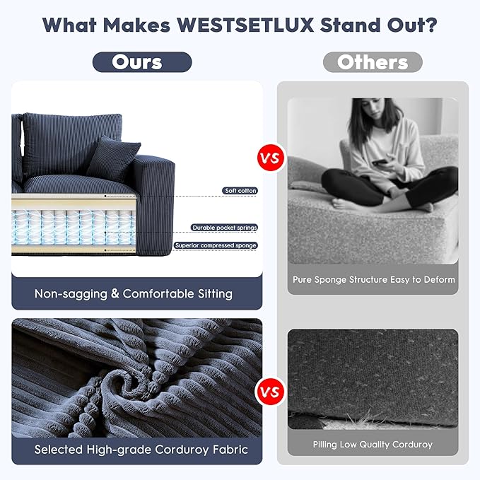 WESTSETLUX 108” Cloud Sectional Sofa Couch with High-Seat, Corduroy Modular Sofa with Oversized Chaise, High-Back Modern L-Shaped Couches for Living Room, No Assembly Required (Blue)