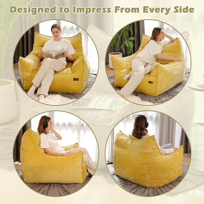 Giant Bean Bag Chair, Beanbag Chairs for Adults, Teens & Kids, Comfy Sofa Chair with Handle & Filling for Living Room, Reading & Gaming, Non-Slip(Yellow-XL)