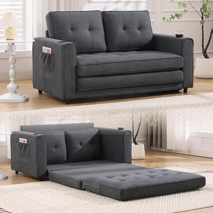 oaaktu 57-Inch Velvet Full Size Sleeper Sofa Couch with Pullout Bed,Convertible Pull Out with Golden Decorative Strip and Adjustable Backrest for Small Spaces,Apartment, Guest Room, RV (2325dark gray)