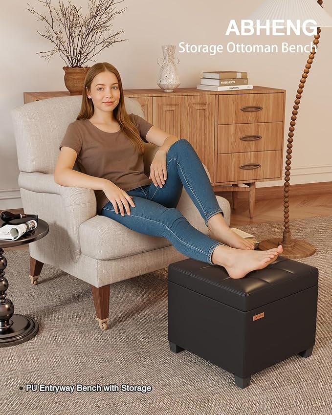 ABHENG 17.7 inches Synthetic Leather turfed Ottomans Cube with Storage, Metal-Framed Square Storage Ottoman Foot Rest Stool Holds 770 LB for Dorm Living Room Bedroom Black UASND63B