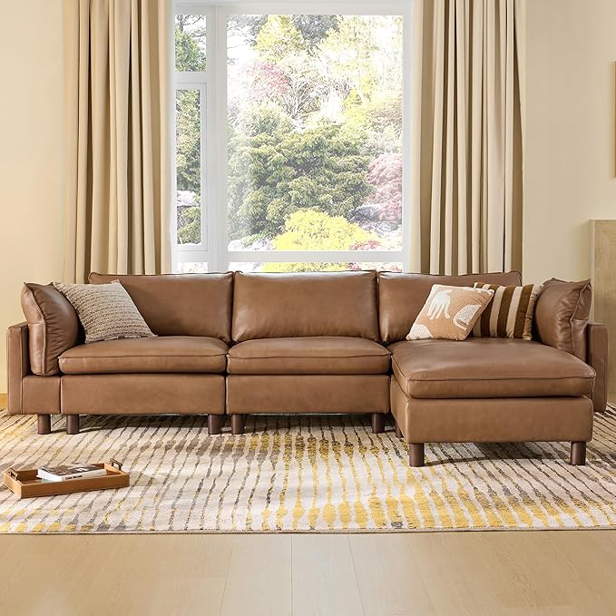 CHITA 127" Super Large Sectional Couches for Living Room, Modular Cloud Couch Sectional Sofa, Premium Genuine Leather Sofa, Down Filled, High Density Foam, Real Leather in Saddle, 4 Seat L Shaped