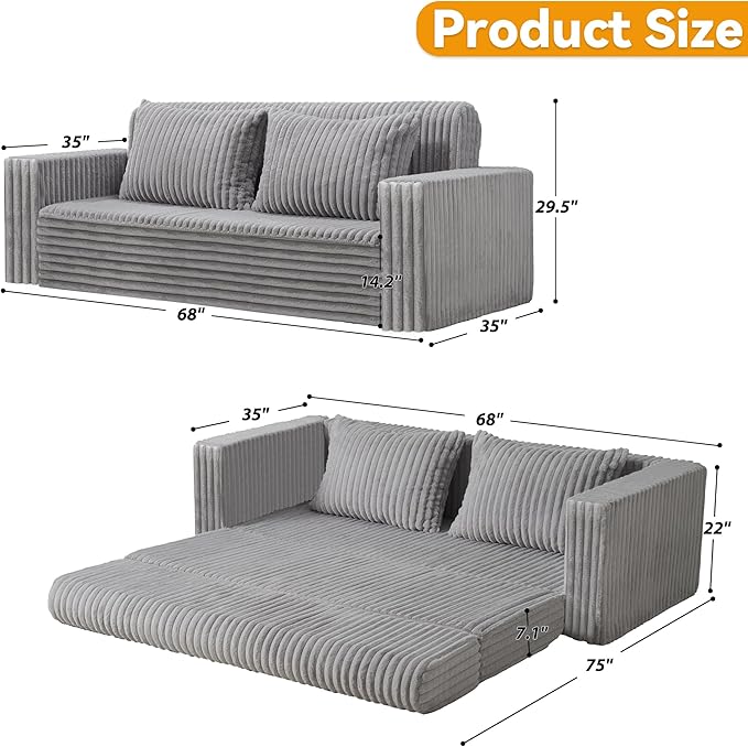 HABUTWAY Folding Sofa Bed, 2 in 1 Convertible Sleeper Chair with 2 Pillows, Portable Fold Out Chair Bed with Armrest, Comfy Floor Couch, Lazy Sofa for Living Room Bedroom Dorm Home Office, Light Grey