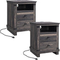 RedLemon Farmhouse Nightstand Set of 2 with Charging Station, 18" Rustic Night Stand with 2 Storage Drawers, Wood End Table for Bedroom, Living Room, Dark Rustic Oak