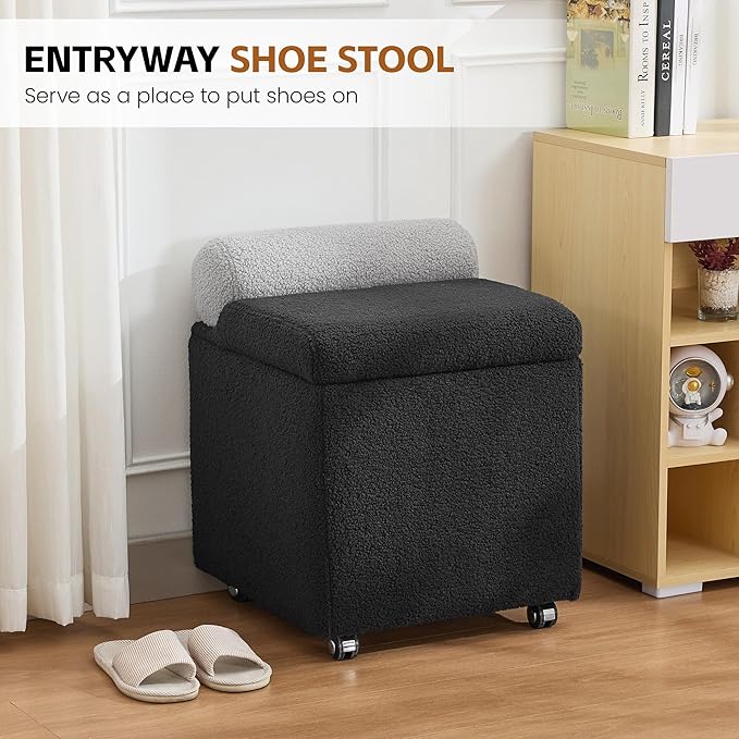 Boucle Vanity Chair with Storage, Swivel Vanity Stool with Safety Hinge, Upholstered Makeup Chair with Wheels, Square Ottoman Stool for Living Room, Dressing, Bedroom, Black