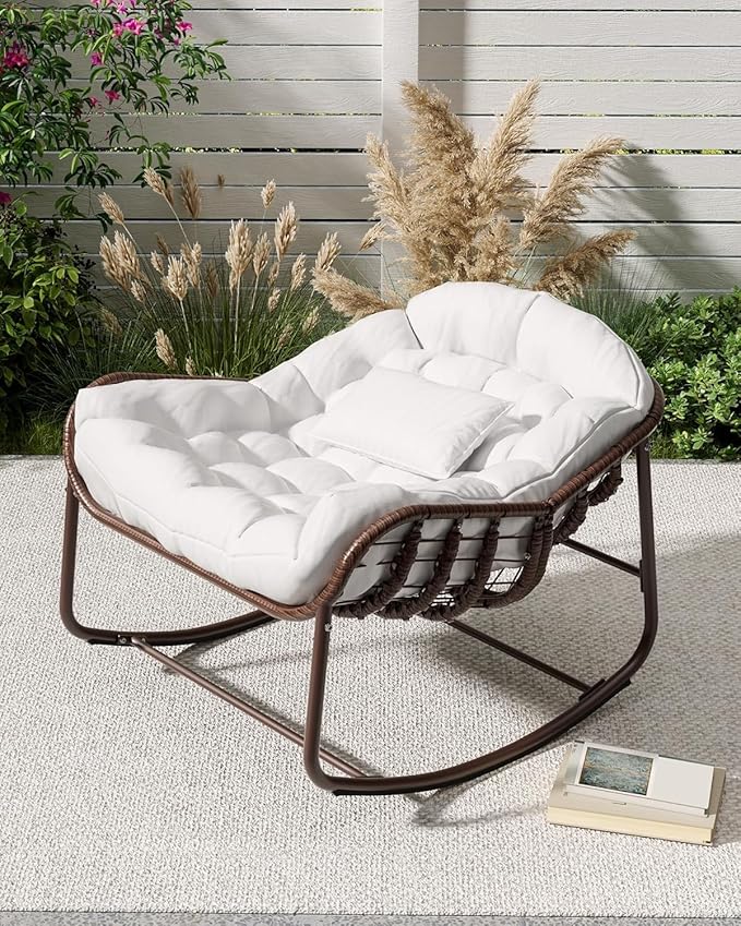 DEXSO Oversized Papasan Rocking Chair - Outdoor Wicker Lounge Chair with Cushion & Metal Frame, Patio Rattan Egg Rocker for Balcony, Backyard, Porch & Bedroom, White