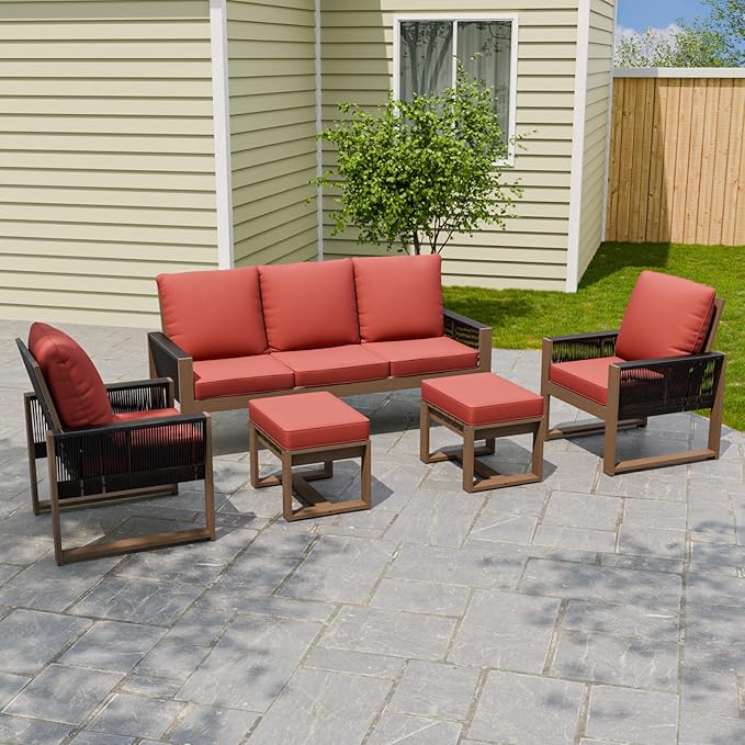 INTER HUT Rustic Hideaway Natural Cedar Wood Outdoor Furniture Set, Wicker Patio Conversation Set for Porch Garden Backyard, Couch, 2 Patio Chairs and 2 Ottomans, 5 Piece, Brownish/Red