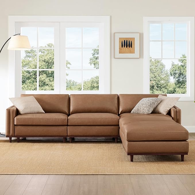 CHITA 118" Super Large Luxury L Shape Convertible Sectional Modular Sofa, FSC Certified Down Filled Modern Sofa, Deep Seat Cloud Couch, 5 Seat Couch with Chaise, Solid Wood Leg, Faux Leather in Camel