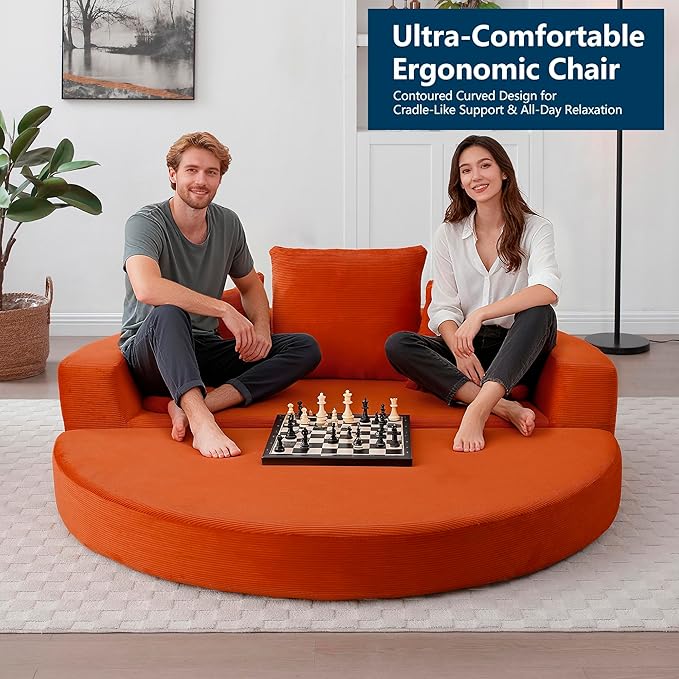 67" Round Convertible Folding Sofa Bed, Boneless Couch Loveseat, Floor Sleeper Chaise Lounge for Living Room, Apartment, Dorm, Small Spaces, Orange