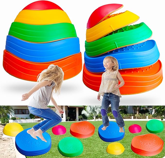 MEANHDAG 10 PCS Balance Stepping Stones for Kids, Obstacle Course Play Outdoor Backyard Activities Equipment Helps Build Children's Coordination and Confidence, Non-Slip Surface and Edging