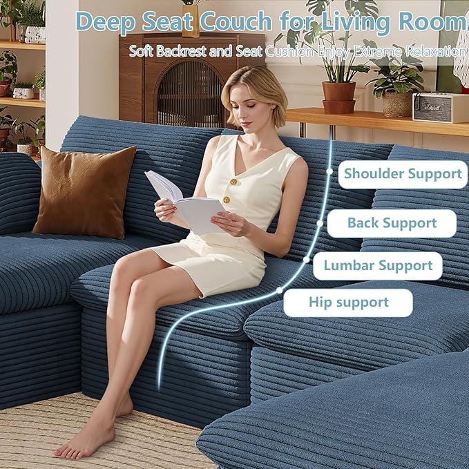 136" Cloud Sectional Couch with U-Shaped Chaise,Corduroy Viral Boneless Sofa with Ottoman,Memory Foam Couches in a Box with Deep Seat for Living Room,No Assembly Required (Blue,Left-Facing Chaise)