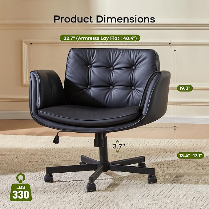 Criss Cross Chair with Armrests & Wheels, PU Leather Vanity Chair, Comfortable Adjustable Swivel Computer Office Desk Chairs for Home, Make Up, Bed Room (Black)