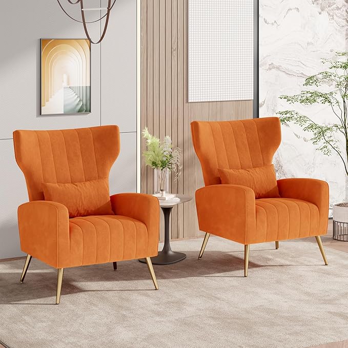 Nalupatio Modern Accent Chairs for Set of 2 Upholstered Velvet Fabric Reading Chair Mid Century Arm Chair Comfy Armchair for Living Room,Orange