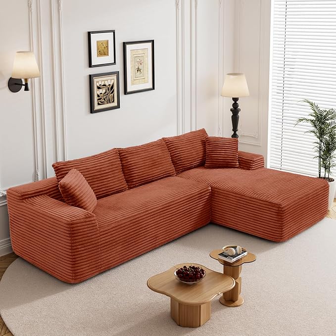 95" Boneless Cloud Sectional Couches for Living Room, Comfy Fluffy L Shaped Memory Foam Deep Seat Boneless Couch, Modular Sectional Sofa with Right Facing Chaise, Orange