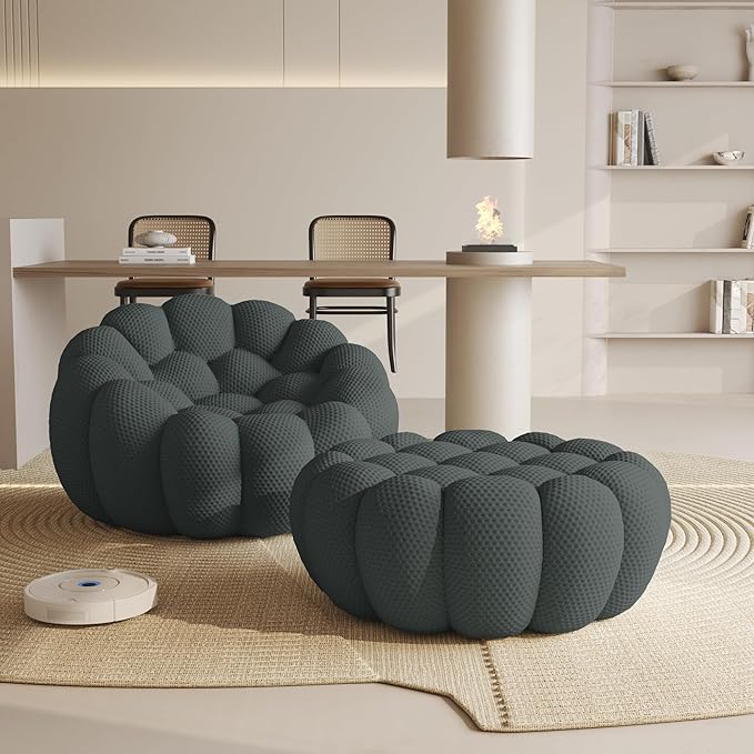 WJShome Modular Sectional Sofa,Bubble Couch Set,1 Seater+ Ottoman,Modern Upholstered Bean Bag Sofa Couch Mesh Fabric Lazy Floor Chair Living Roon Sets (Dark Gray)