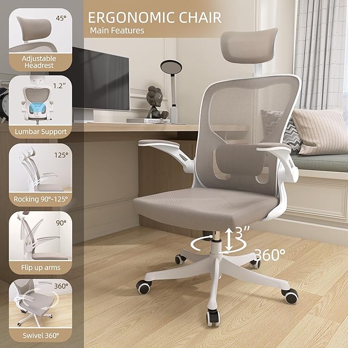 Monhey Office Chair Ergonomic Desk Chair with Lumbar Support&Headrest&Flip-up Arms Height Adjustable Rocking Swivel High Computer Chair Multi-Angle from 90° to 130° with 350LBS Capacity(04White+khaki)