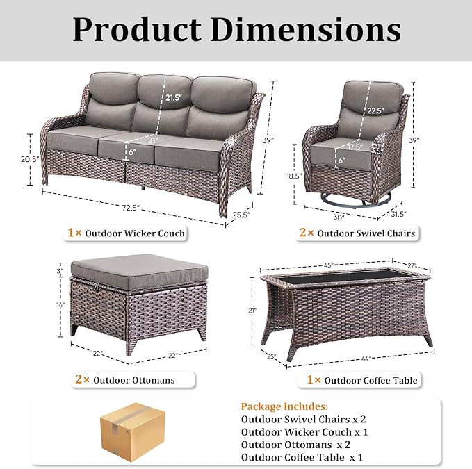Pugire Luxury High Back Patio Furniture Set with 6-Inch Thick Cushions, 6-Pieces Outdoor Furniture with Swivel Chairs, Wicker Conversation Set for Porch, Balcony, Deck and Yard, Brown/Grey