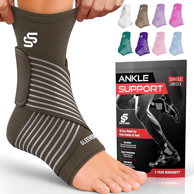 Sleeve Stars Ankle Brace for Women & Men, Ankle Wrap for Sprain, Compression Sleeve for Plantar Fasciitis Relief, Easy Customizable Support: w/ Removable Strap (Single/M:10"-12"/Dark Brown)