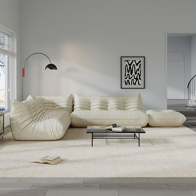 Comfy Lazy Floor Sofa Couch,Soft Armless Chair,Corner Faux Leather Lounge Chair,Corner Relax Sofa Couch for Living Room Bedroom,Salon Office,Adults(Corner+3P++2P+Ottoman)