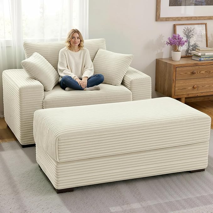 Indoor Chaise Lounge Chair With Storage Ottoman, Modern 60-Inch Lounge Sofa Chair With Wide Armrests & 4 Pillows, Oversized Comfy Reading Lounger For Living Room, Bedroom（Wide-Rib Corduroy Beige)
