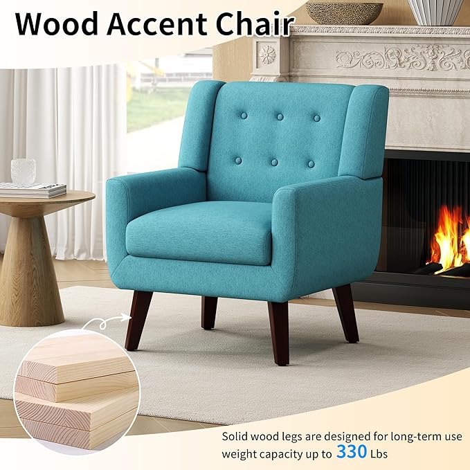 Accent Chair Set of 2, Mid-Century Modern Upholstered Living Room Armchair, Comfy Linen Fabric Single Reading Arm Chair with Tufted Back and Wood Legs for Bedroom, Club (2, Lake Blue)