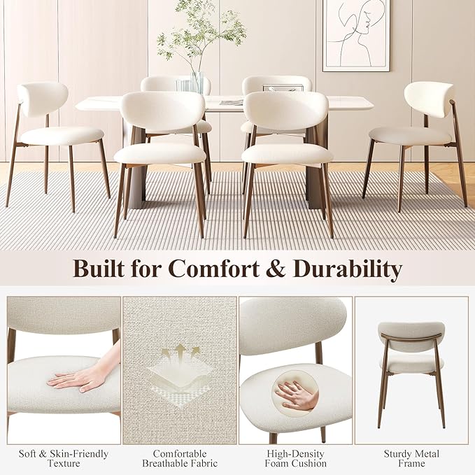 MALOL Dining Chairs Set of 6, Upholstered Dining Room Chairs with Metal Legs and Anti Slip Pads, Curved Back Kitchen Chair for Home and Restaurant Use, Beige
