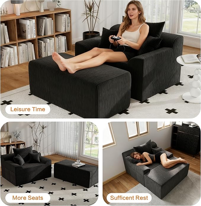 LSSBOUGHT 60'' Chaise Lounge Chair Indoor, Oversized Upholstered Sofa Bed, Sleeper Couch Reading Chairs Plush Corduroy Fabric Sofas Couches for Living Room (Black)
