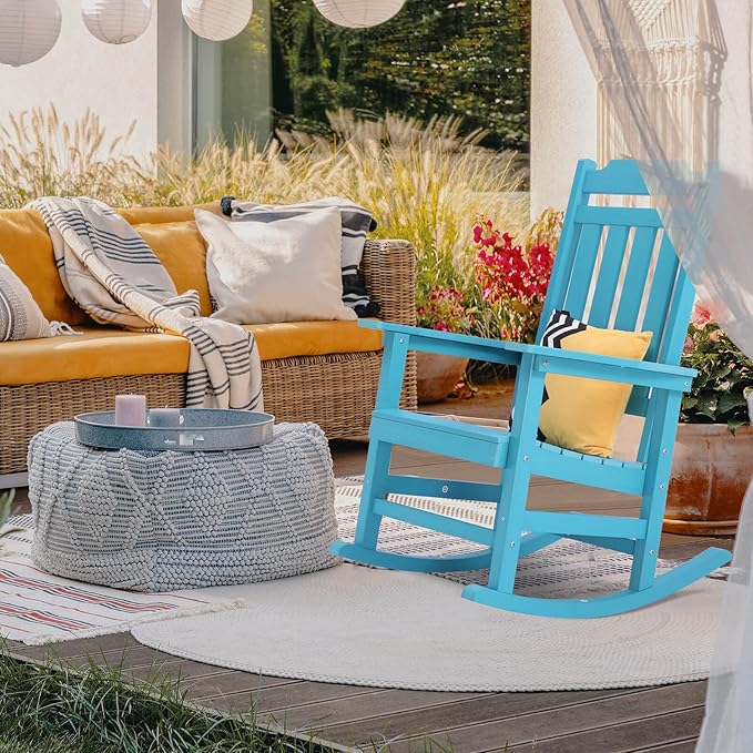 hOmeQomi Rocking Chair, All Weather Resistant Poly Lumber Outdoor Porch Rocker, Rocking Chairs for Outdoor, Indoor, Patio, Deck, Garden, Backyard, Load Bearing 380 lbs - Lake Blue