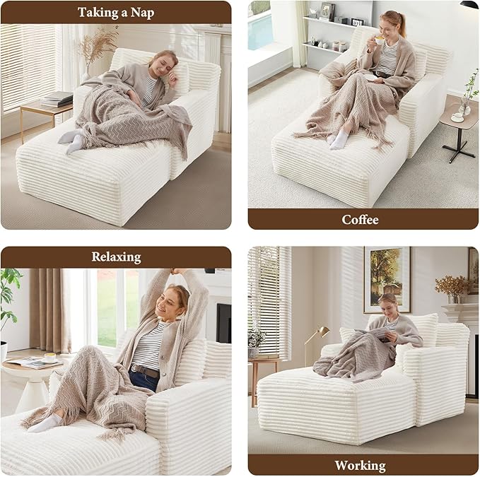 VEPXXP 65.4" Chaise Lounge Chair Indoor, Oversized Boneless Couch Comfy Upholstered Sleeper Sofa Bed with 3 Pillows, Corduroy Cloud Reading Chair for Living Room No Assembly Required, White