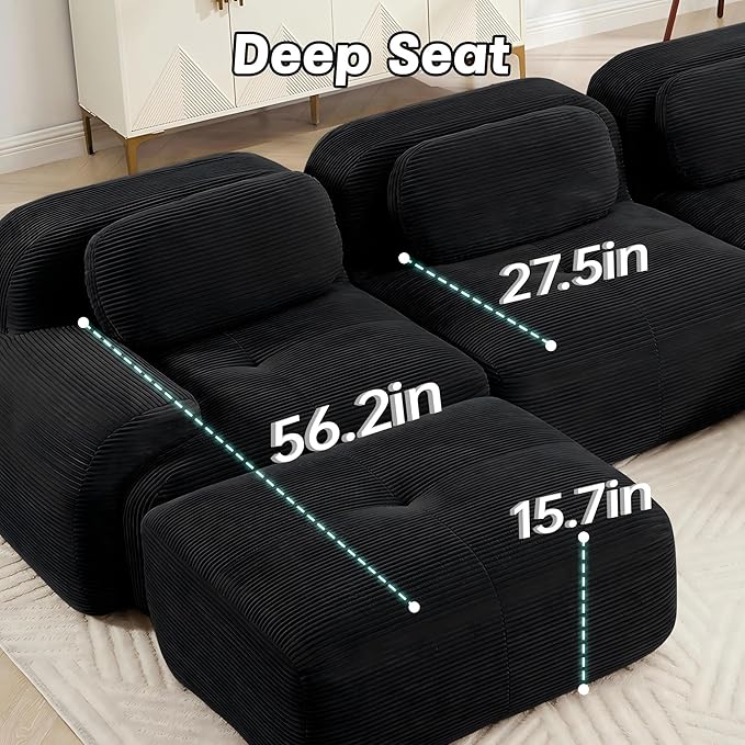 SoarFlash 117" Modern L-Shaped Modular Sectional Sofa for Living Room, Corduroy Upholstery Oversized 3-Seater Couch with Deep Seat and Movable Ottoman-No Assembly, Black