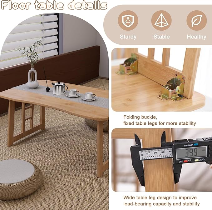 Japanese Bamboo Folding Floor Table – Portable Collapsible Tatami Coffee Table, No-Assembly Foldable Low Table for Sitting on the Floor, Compact Space-Saving Design for Home, Tea Room & Camping (Wood)