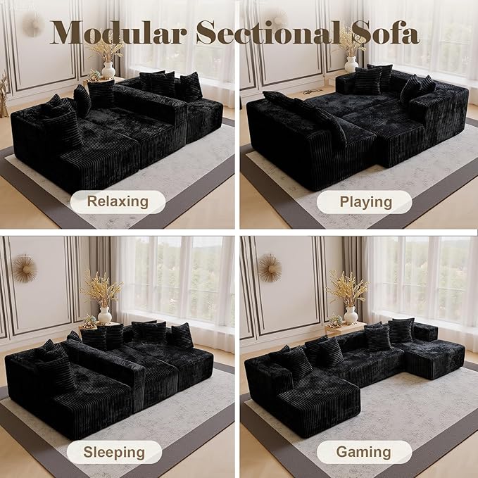 130'' U Shaped Couched for Living Room, Cloud Modular Sectional Couch with 2 Chaise Lounge, Modern Minimalist Upholstered Sofa Sleeper Deep Seat Corner Couch, No Assembly Required Black