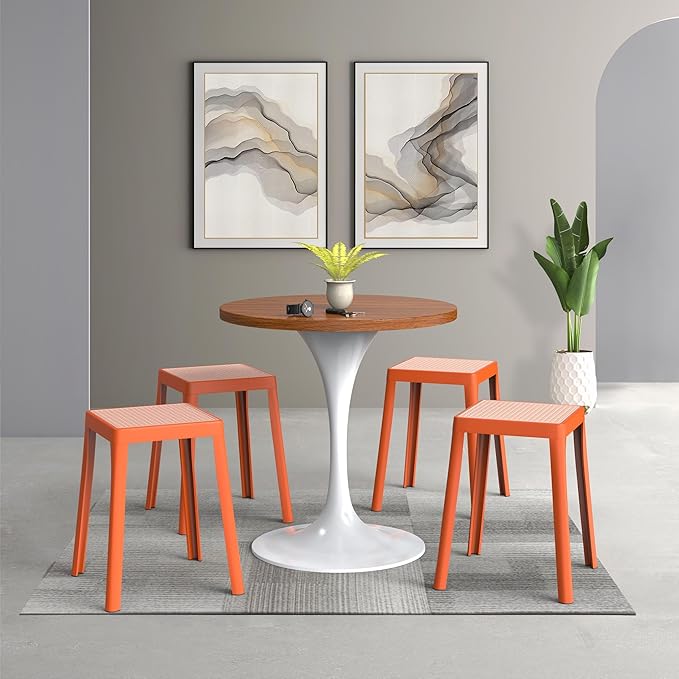 LeisureMod Stackable Square Plastic Dining Stool - Mid-Century Modern Backless Accent Stool with Wicker Top for Kitchen & Dining Room, Orange