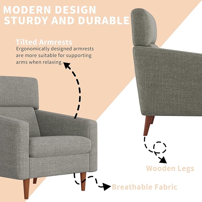 EJUNQ Mid-Century Accent Chair,Fabric Modern Reading Living Room Chairs, Upholstered Armchair with Wood Legs，Cozy Reading Chair for Living Room，Bedroom（Grey