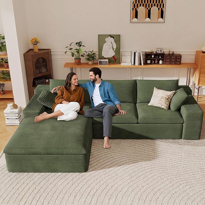 107" Cloud Sectional Couch with L-Shape Chaise, Modern Corduroy Viral Boneless Sofa for Living Room,Memory Foam Couches in a Box with Deep Seat,No Assembly Required (Green,Left-Facing Chaise)