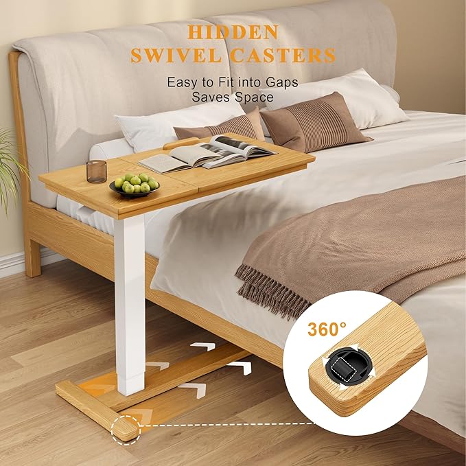 Solid Wood Overbed Bedside Table with Hidden Casters, Adjustable Hospital Bed Table Rolling Laptop Desk with Split Dual Desktop & Pneumatic Gas Spring Lift for Hospital, Home Use (Natural)