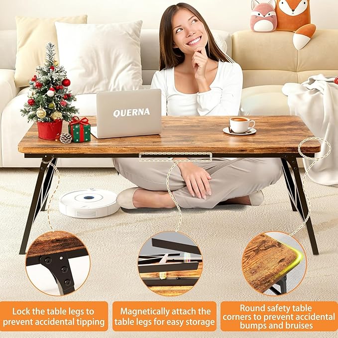 QUERNA Folding Coffee Table, Leg Latches Portable Sturdy Floor Table, No Assembly Low Coffee Table for Living Room, Home, Office, Rustic Brown, Caravan and Outdoor use,39.4L‘ x 19.7W’ x 15.8H’