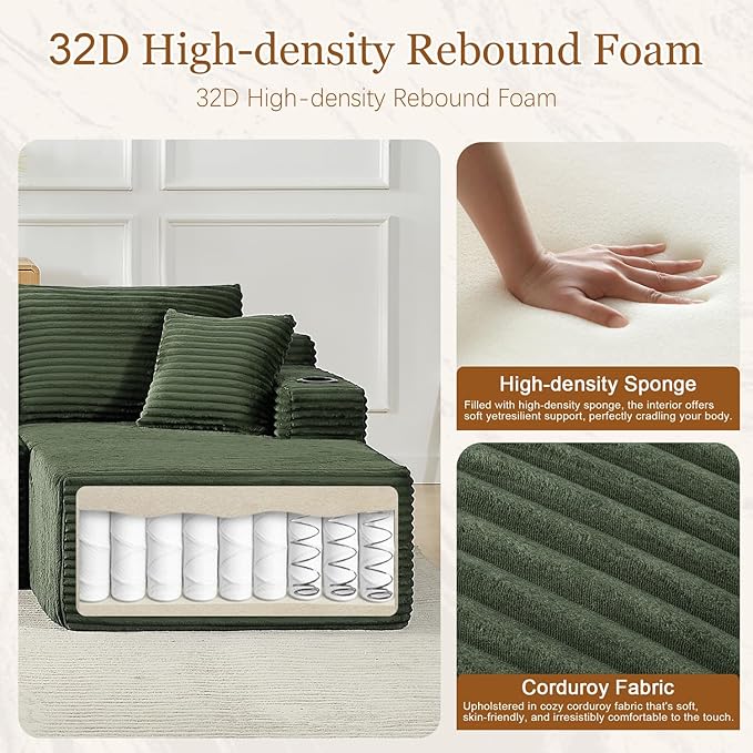 134 Inch Modular Sectional Sleeper Sofa, Boneless Cloud Couch for Living Room, U Shaped 5 Seat Sofa with 2 Storage Pockets& 2 Cup Holders, Free Combination, No Assembly Required (Green)