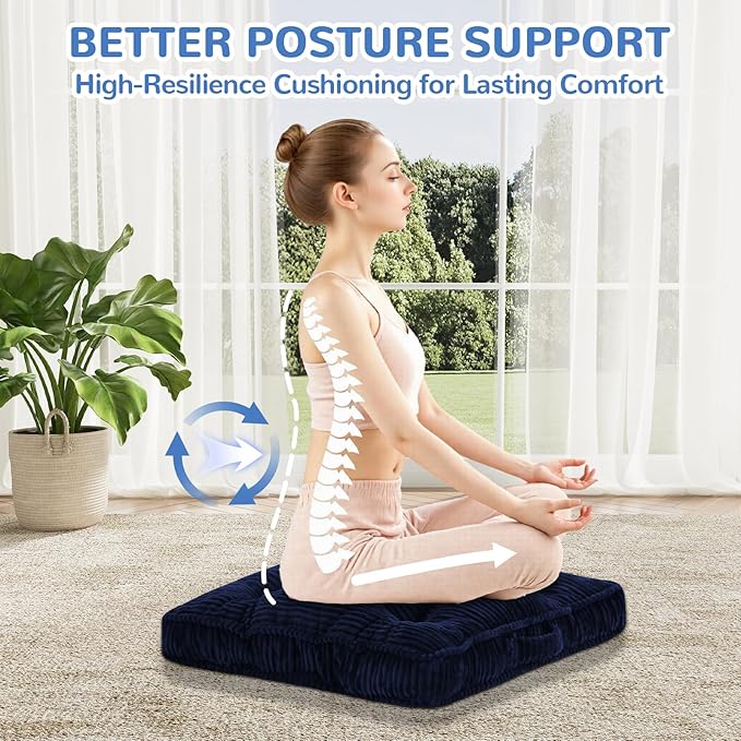 PRIMEPATIO Square Floor Pillow for Adults, Tufted Floor Cushion for Sitting, Large Meditation Cushion, Thick Corduroy Seat with Handle, Tatami Seating for Yoga, 22x22 Inch Navy Blue, 1Pack