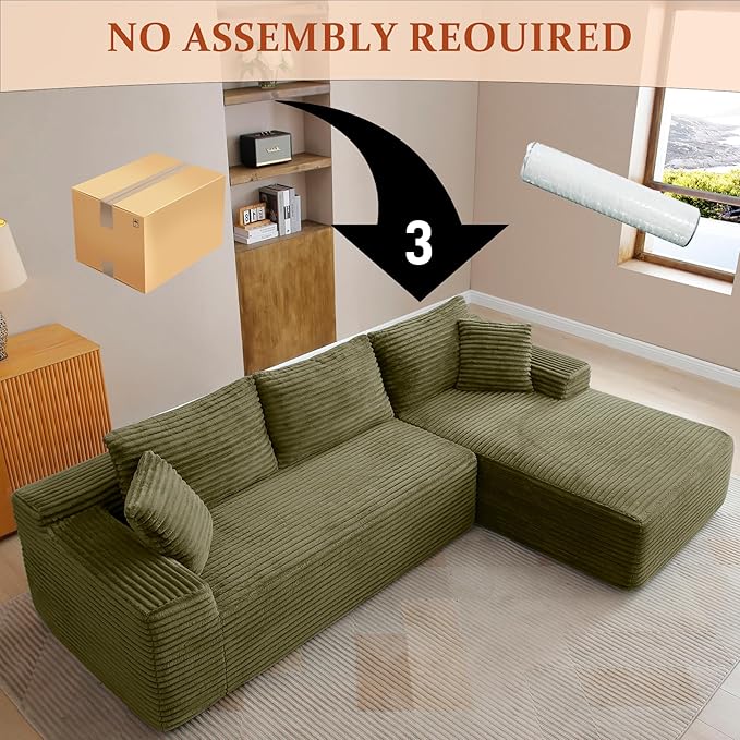 HYJT-H&K Modular Sectional Sofa Cloud Sectional Couch, 95" Comfy Fluffy L Shaped Green Couches for Living Room, Deep Seat Memory Foam Plush Corduroy Boneless Couch Sectionals Right Facing Chaise Sofa