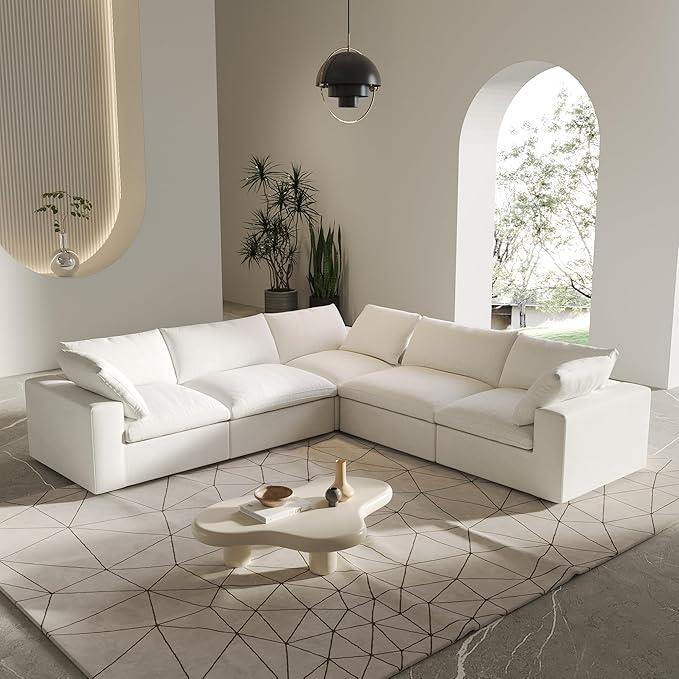 V-Shaped Cloud Sectional Couch, Modular Sectional Sofa, Modern Comfy Cloud Sofa, Covers Removable, Convertible Sleeper Couch for Living Room Apartment (White, Linen Fabric)