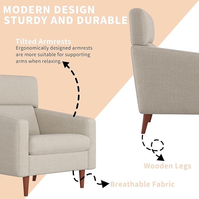 EJUNQ Mid-Century Accent Chair,Fabric Modern Reading Living Room Chairs, Upholstered Armchair with Wood Legs，Cozy Reading Chair for Living Room，Bedroom（Beige
