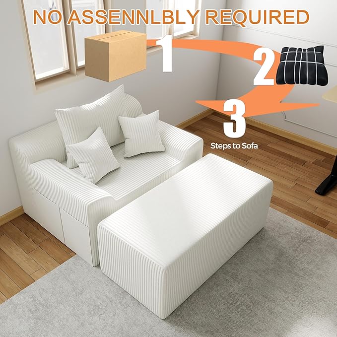 LSSBOUGHT 60'' Chaise Lounge Chair Indoor, Oversized Upholstered Sofa Bed, Sleeper Couch Reading Chairs Plush Corduroy Fabric Sofas Couches for Living Room (Beige)