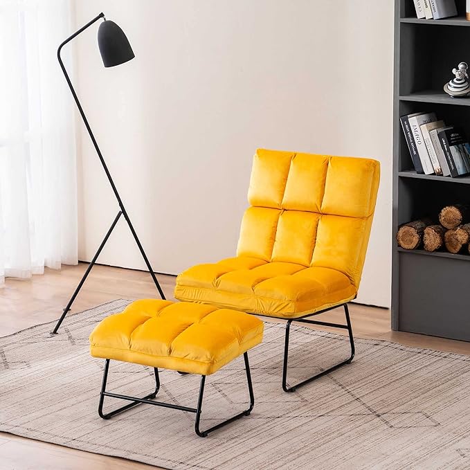MCombo Velvet Accent Chair with Ottoman Set, Modern Armless Chair for Living Room, Bedroom, Small Space 0014 (Velvet, Yellow)