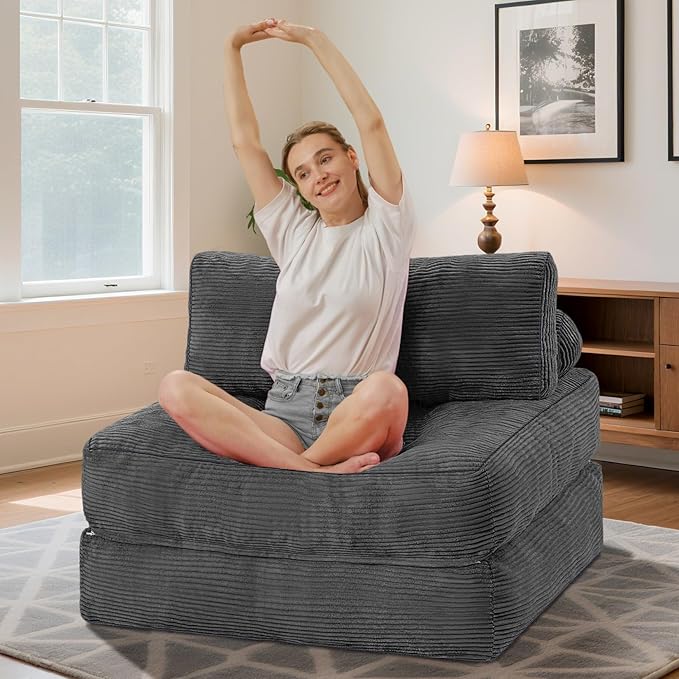 HABUTWAY Folding Sofa Bed, Convertible Sleeper Chair Bed w/Dual-Pillow & Handle, Foldable Floor Sofa Lounge w/Back Support for Living Room, Bedroom, Apartment, Office, Single, Grey