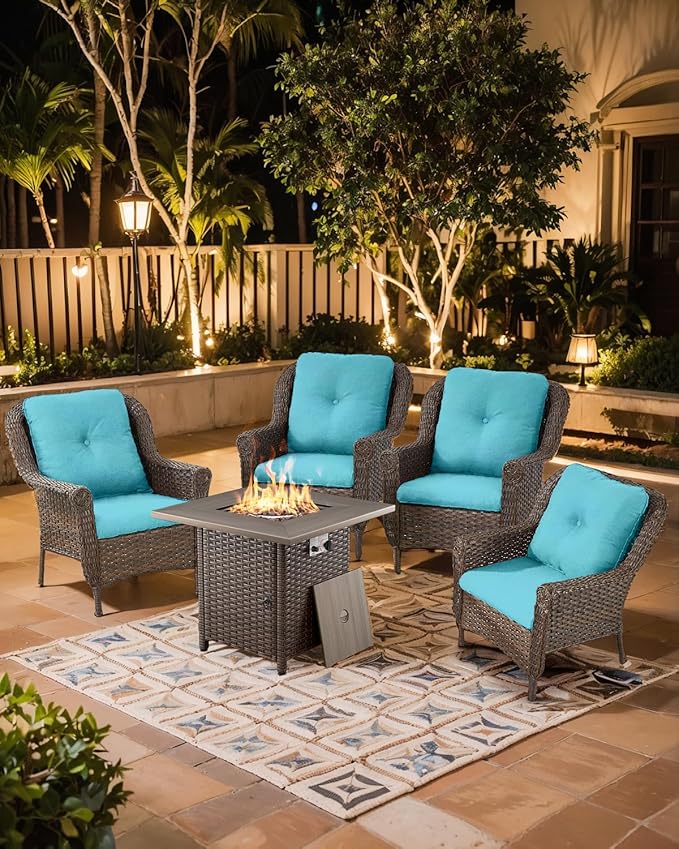 ACTREST Outdoor Patio Chairs with Fire Pit Table 5 Piece Set - High Back Brown Wicker Rattan Lawn Chair with Thick Cushion for Porch Apartment Deck Yard Poolside Garden - Turquoise