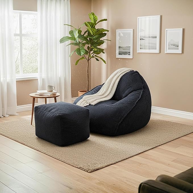 Ultra Soft Bean Bag Chair for Adults with Ottoman, Oversized Floor Sofa for Living Room, Gaming, Lounging, Napping (Black)