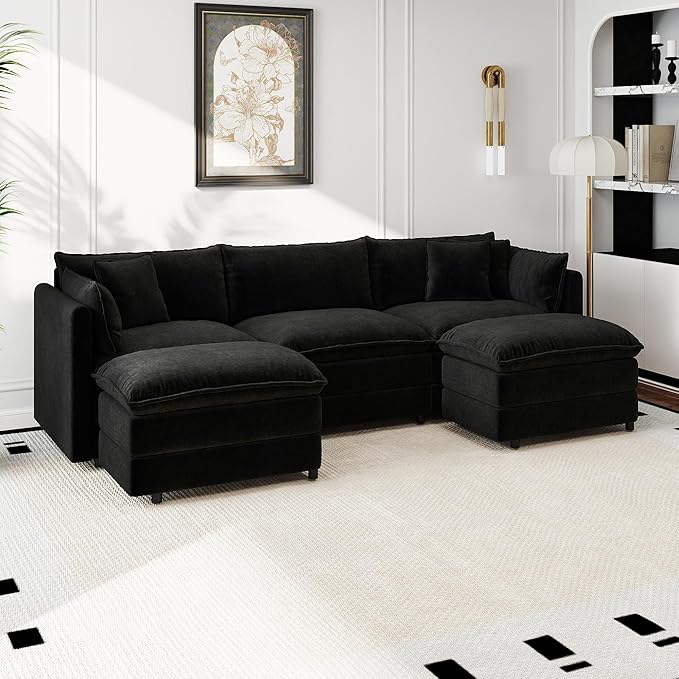 Aoowow Modular Sectional Sofa Modern Convertible U Shaped Couch,112.2 Inch Deep 3-Seater Sofas Set Comfy Chenille Cloud Sofas and Couches with Movable Ottoman for Living Room Apartment（Black）