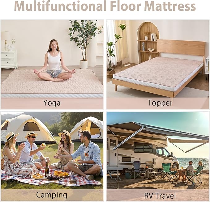 Zelladorra Japanese Floor Mattress, Quilted Futon Mattress with Anti-Slip Bottom, Foldable Floor Bed with Storage Bag and Straps, (Beige, Twin)