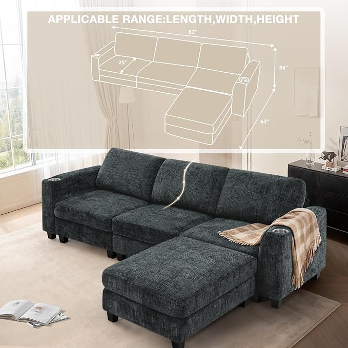 Lesofair 87" Chenille Sectional Sofa with Movable Ottomans, Modular L-Shape Couch with Cup Holders, Convertible 3 Seater Sofa with Well-Filled Backrest Cushions for Living Room, House, Grey